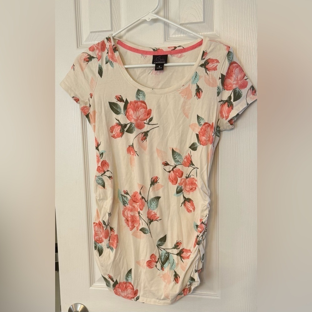 Women's Adorable Cream Short Sleeve Top with Colorful Floral Design Maternity
